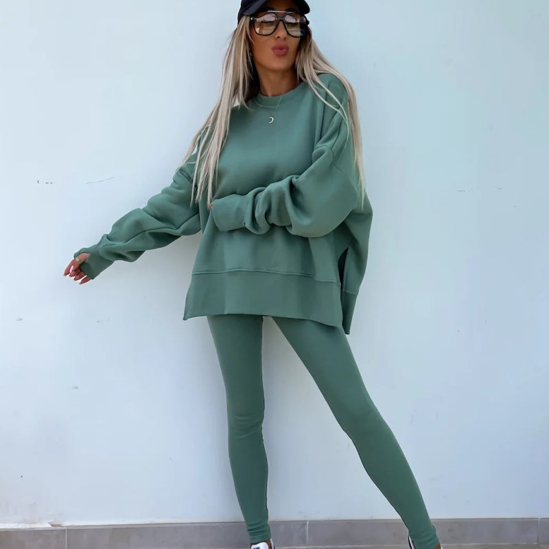 ✨Sportliches und stilvolles zweiteiliges Set - monochromes Langarm-Sweatshirt und Damen-Leggings